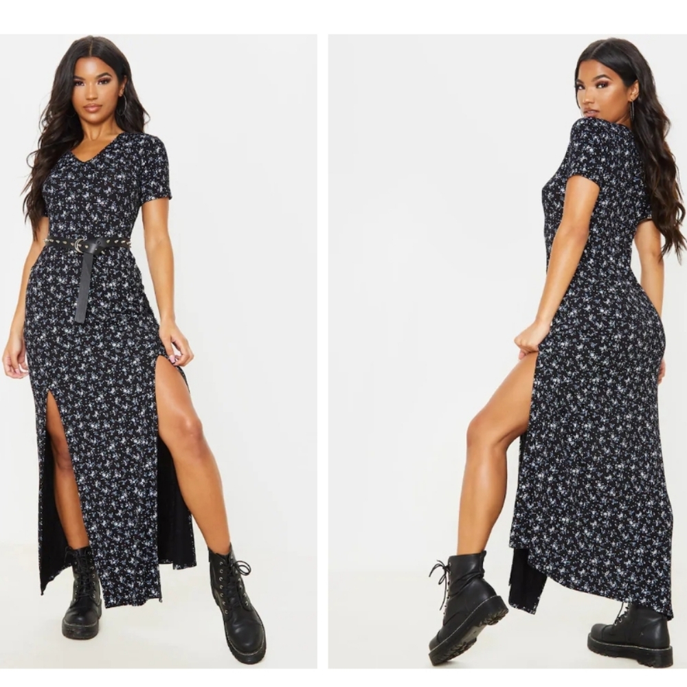 Black Ditsy Floral Split Detail Maxi Dress